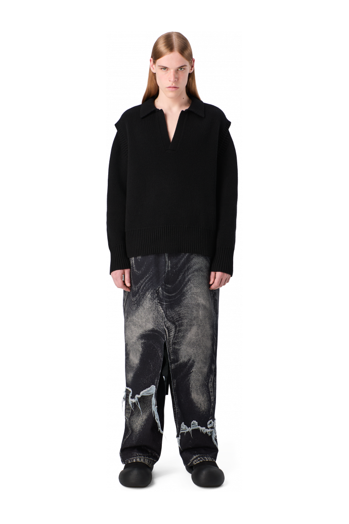 DISTORTED PRINT DENIM SKIRT Black-gray asymmetric denim skirt