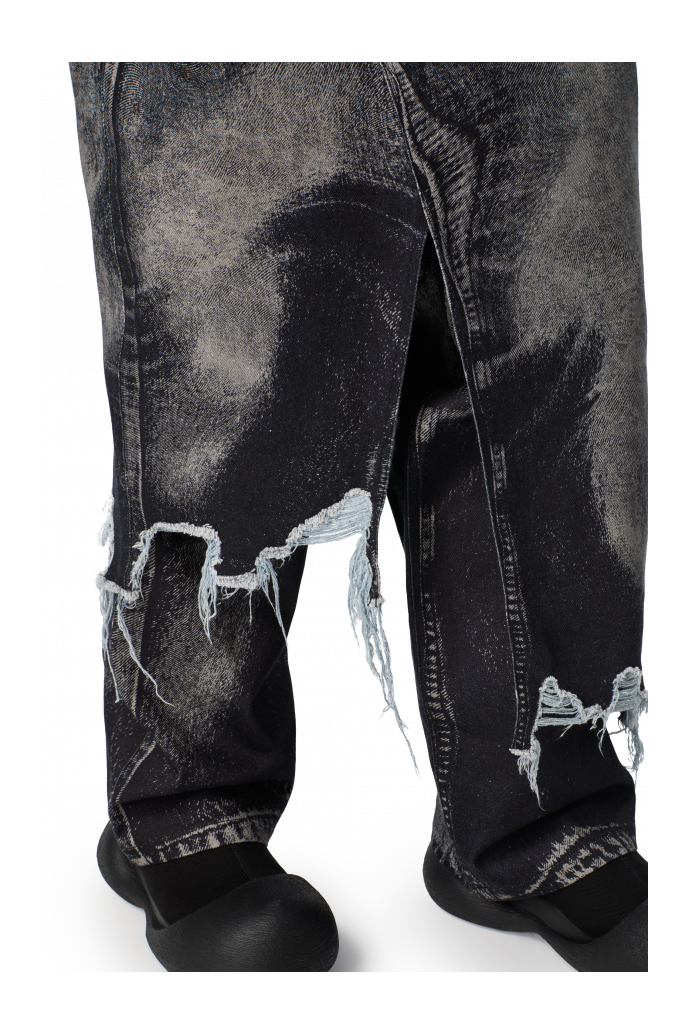 DISTORTED PRINT DENIM SKIRT Black-gray asymmetric denim skirt