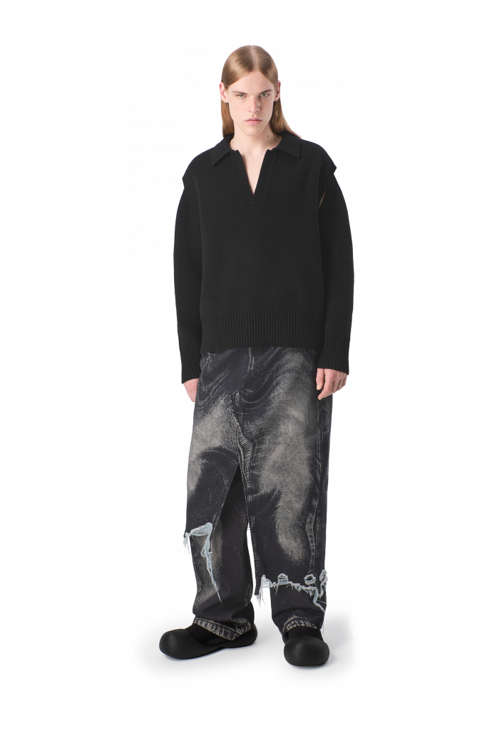 DISTORTED PRINT DENIM SKIRT Black-gray asymmetric denim skirt