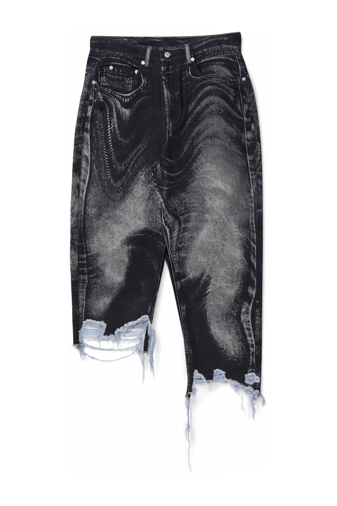 DISTORTED PRINT DENIM SKIRT Zwart-grijze asymmetrische denim rok