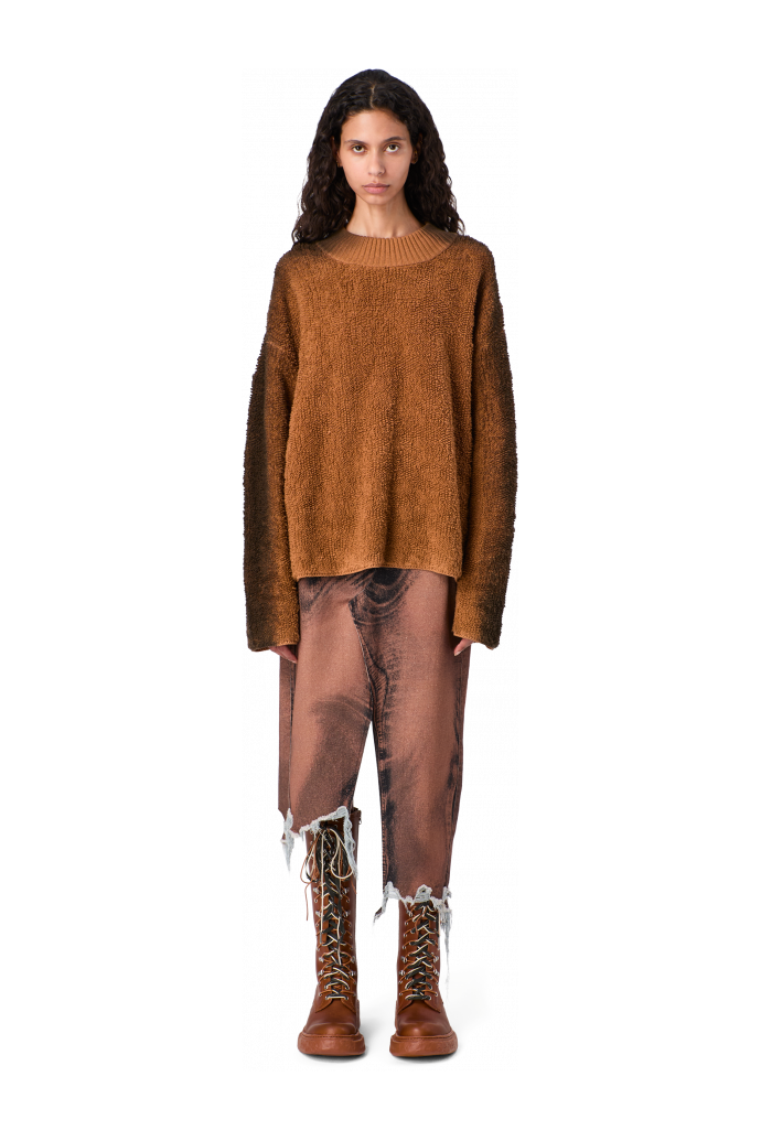 DISTORTED PRINT DENIM SKIRT Brown-black asymmetric denim skirt