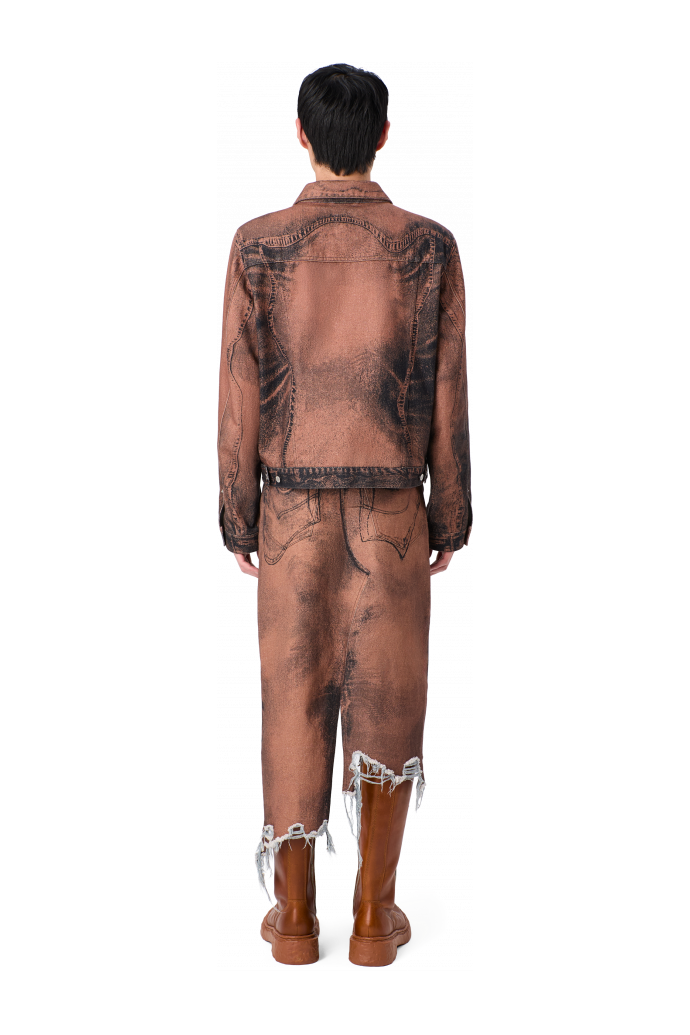 DISTORTED PRINT DENIM SKIRT Brown-black asymmetric denim skirt