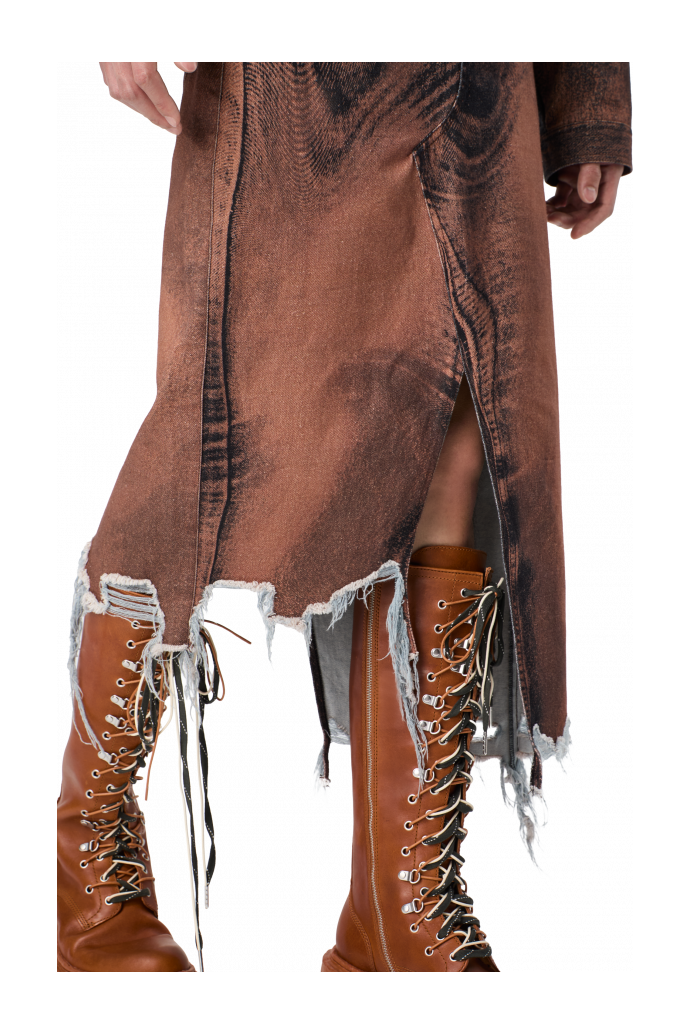 DISTORTED PRINT DENIM SKIRT Brown-black asymmetric denim skirt