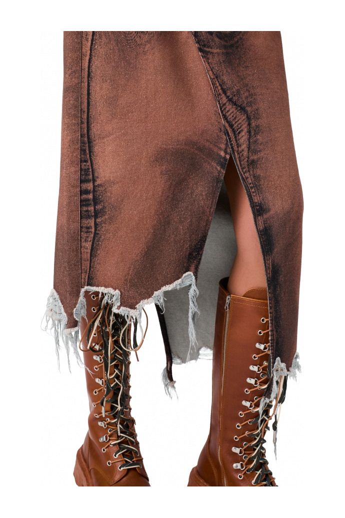DISTORTED PRINT DENIM SKIRT Brown-black asymmetric denim skirt