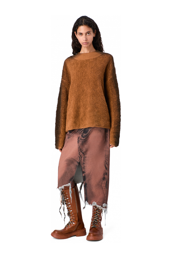 DISTORTED PRINT DENIM SKIRT Brown-black asymmetric denim skirt