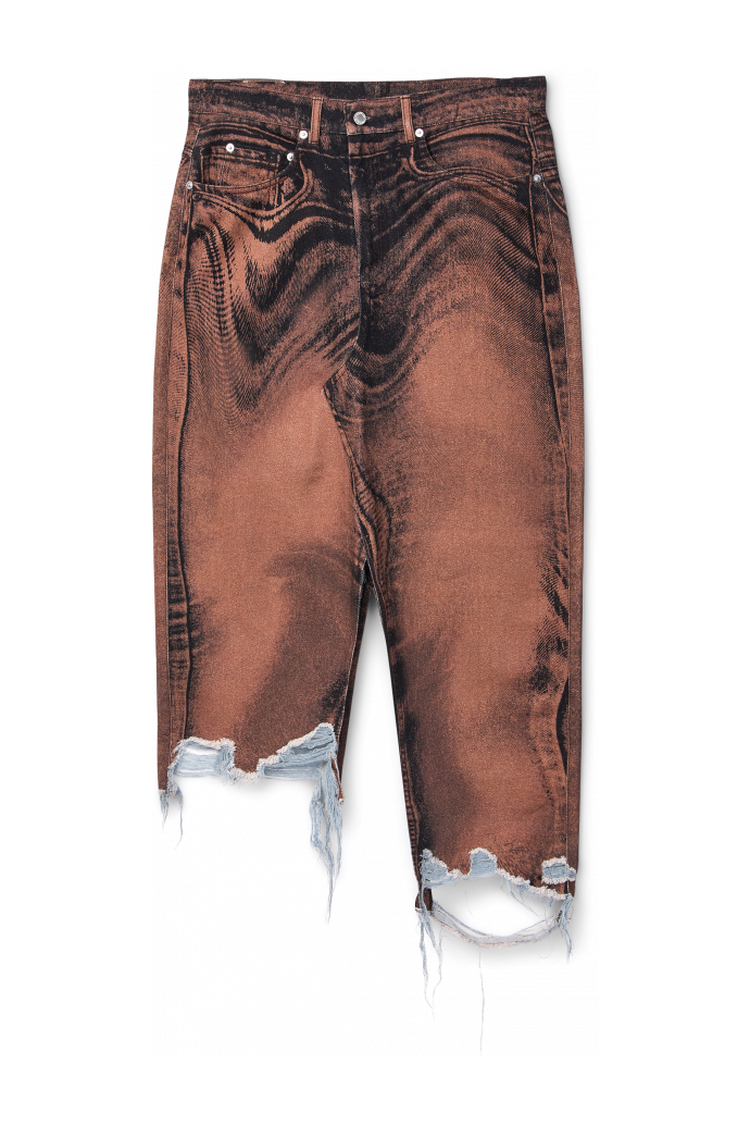 DISTORTED PRINT DENIM SKIRT Bruin-zwarte asymmetrische denim rok