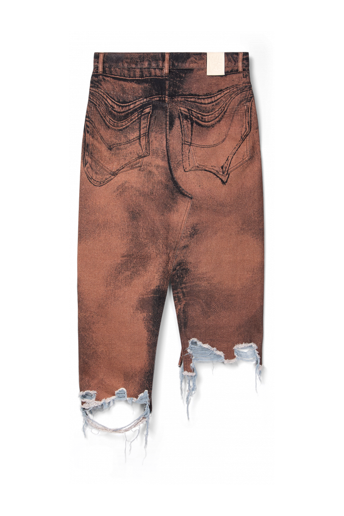 DISTORTED PRINT DENIM SKIRT Bruin-zwarte asymmetrische denim rok