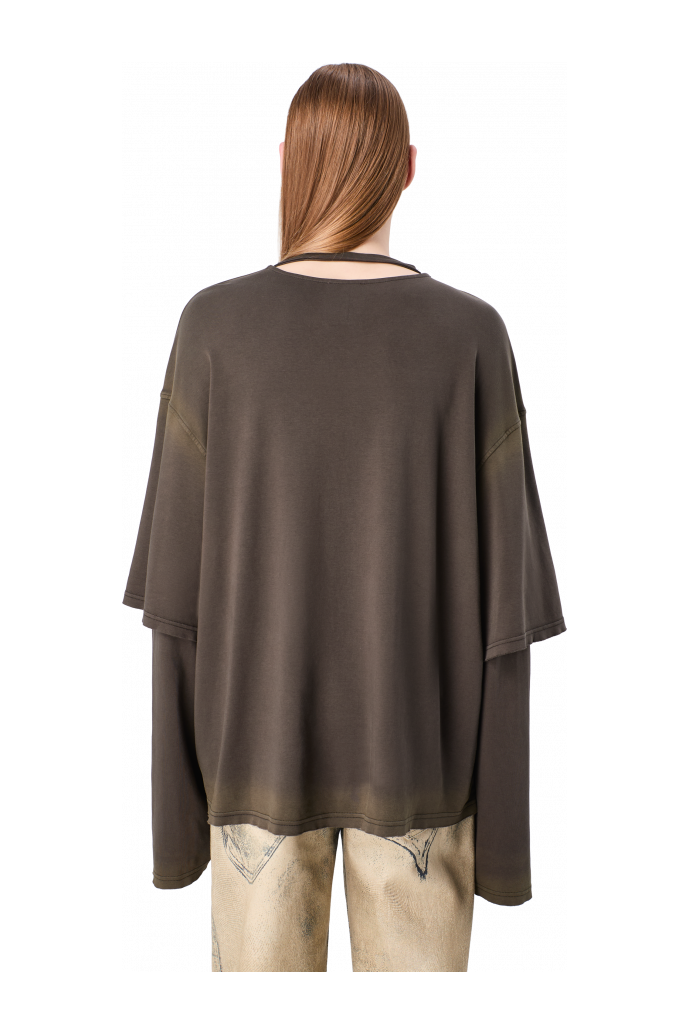 WASHED LAYERED LONG SLEEVE T-SHIRT Faded black organic cotton long sleeve T-Shirt