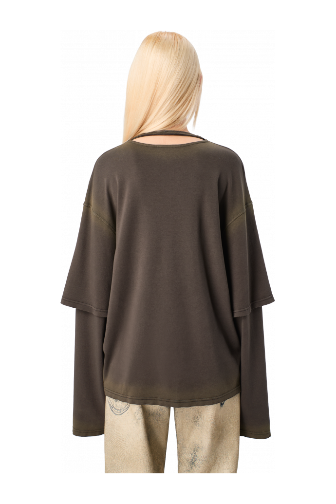 WASHED LAYERED LONG SLEEVE T-SHIRT Faded black organic cotton long sleeve T-Shirt