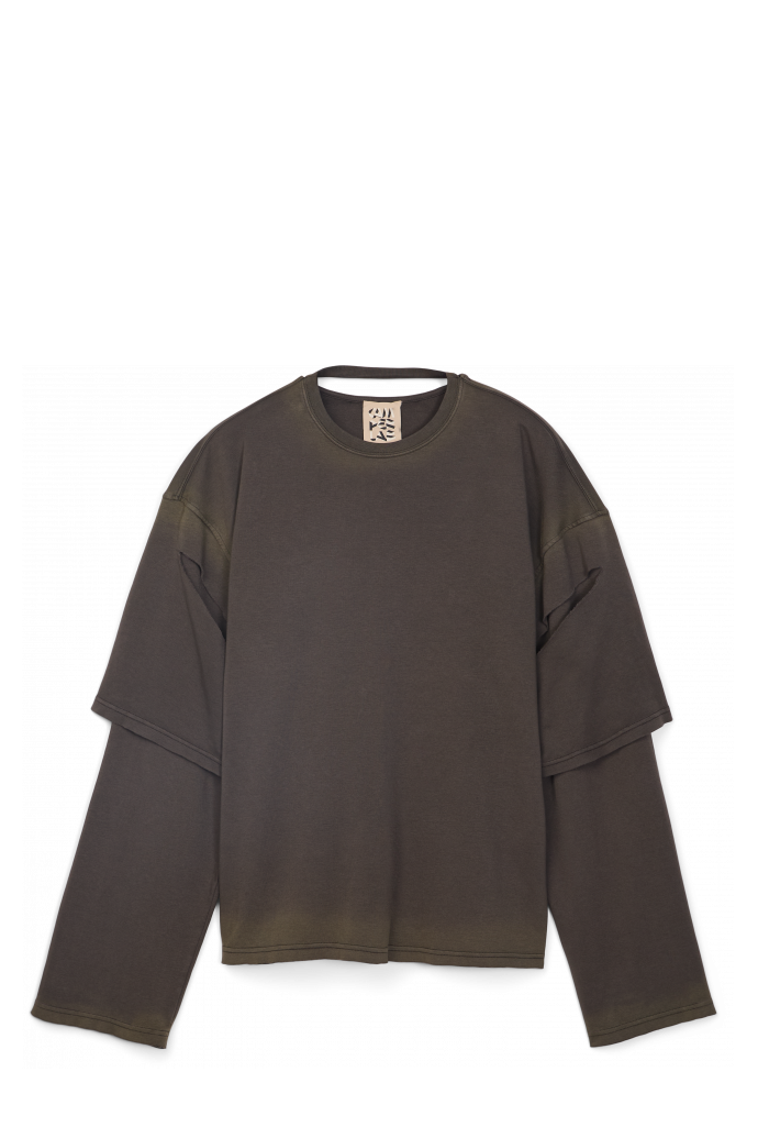 Side view of WASHED LAYERED LONG SLEEVE T-SHIRT Faded black organic cotton long sleeve T-Shirt