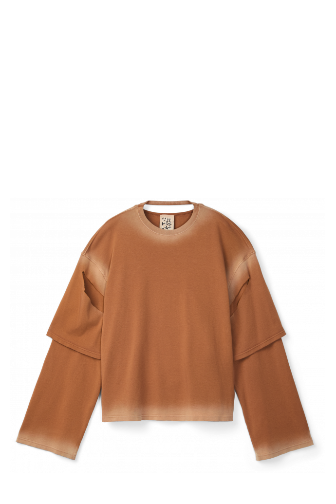 Side view of WASHED LAYERED LONG SLEEVE T-SHIRT Faded terracotta organic cotton long sleeve T-Shirt