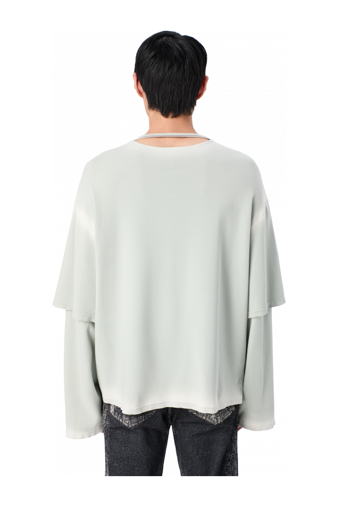 WASHED LAYERED LONG SLEEVE T-SHIRT T-shirt gris dégradé à manches longues en coton bio