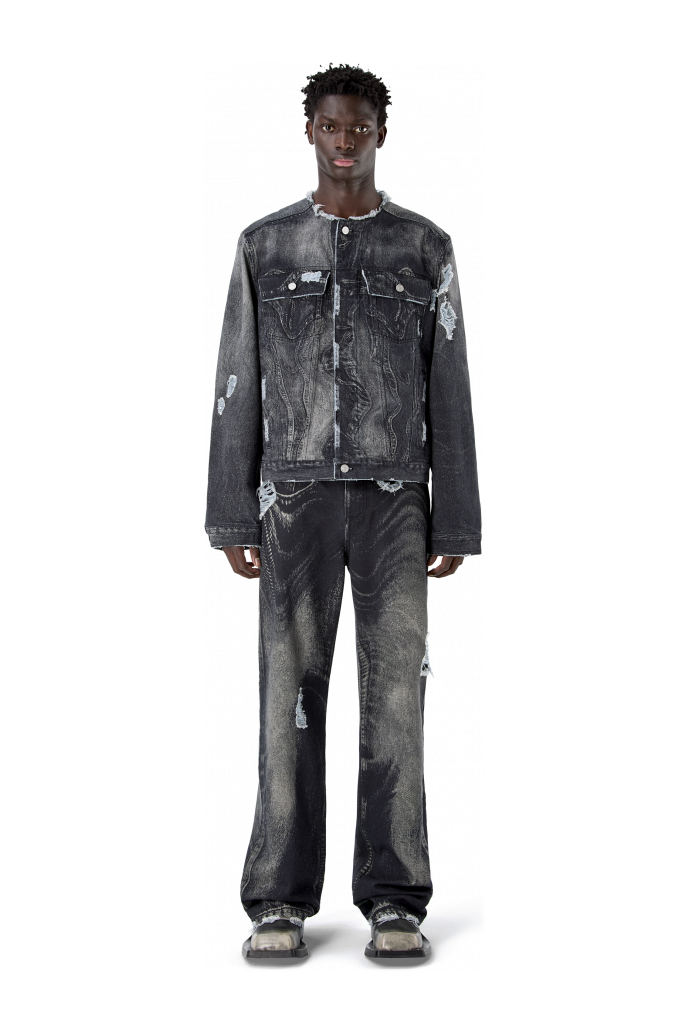 DISTORTED PRINT DISTRESSED DENIM JACKET NERO-GRIGIO