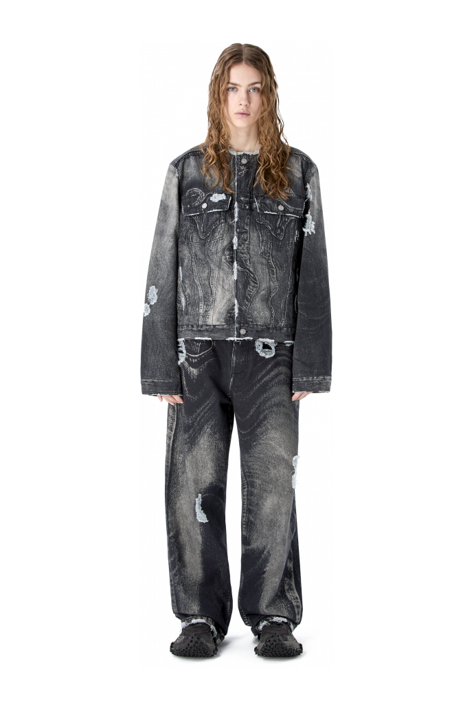DISTORTED PRINT DISTRESSED DENIM JACKET BLACK-Gray