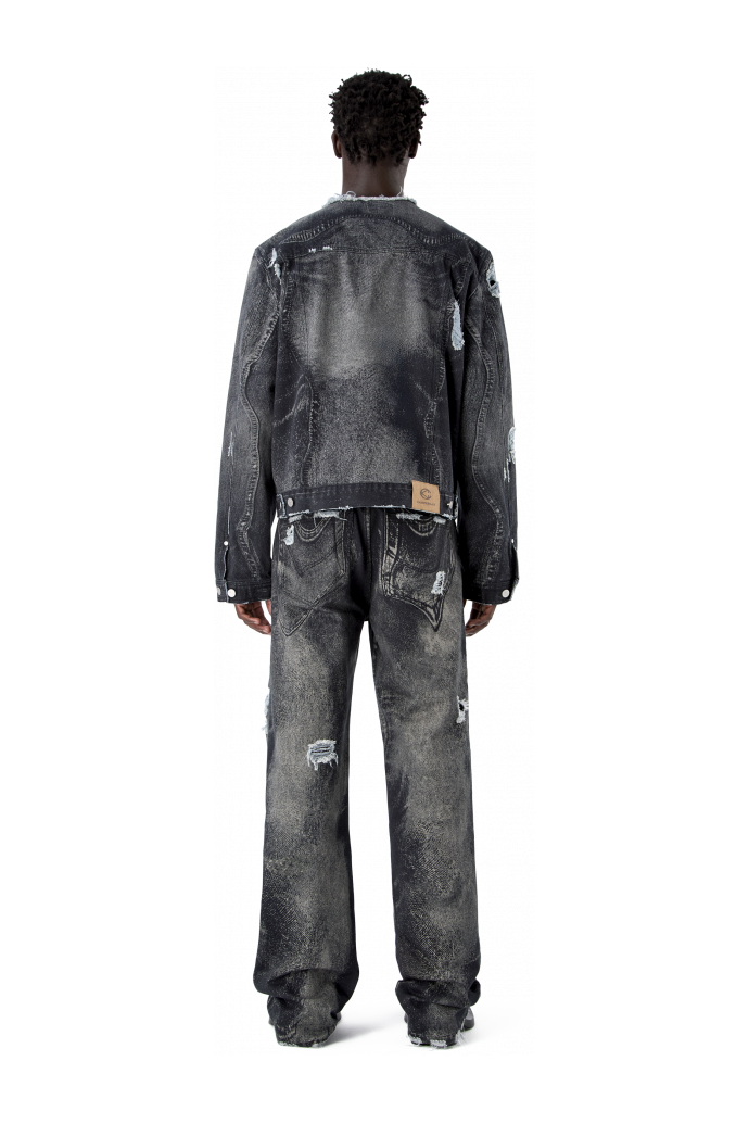 DISTORTED PRINT DISTRESSED DENIM JACKET NERO-GRIGIO