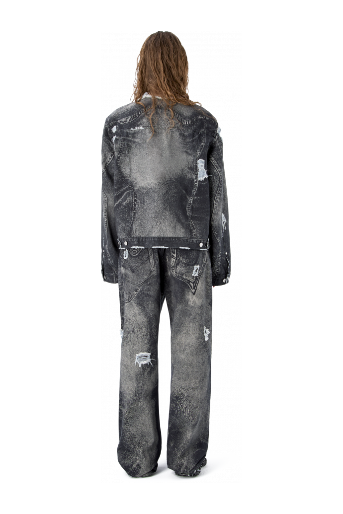 DISTORTED PRINT DISTRESSED DENIM JACKET BLACK-Gray