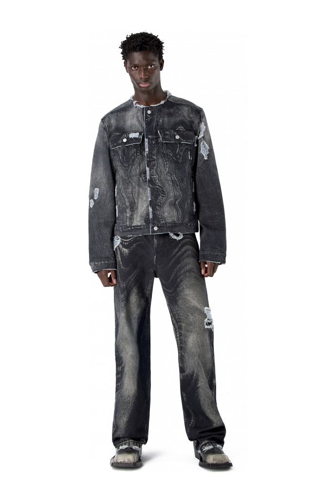 DISTORTED PRINT DISTRESSED DENIM JACKET NERO-GRIGIO