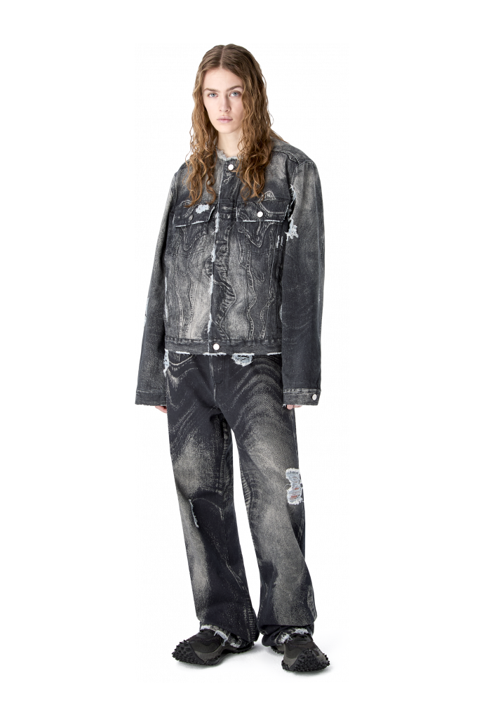 DISTORTED PRINT DISTRESSED DENIM JACKET BLACK-Gray