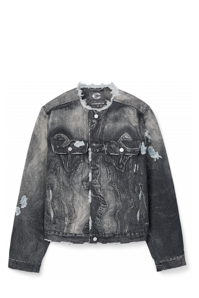 DISTORTED PRINT DISTRESSED DENIM JACKET NERO-GRIGIO