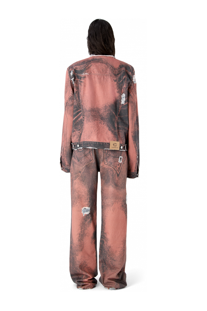 DISTORTED PRINT DISTRESSED DENIM JACKET ORANGE-BLACK