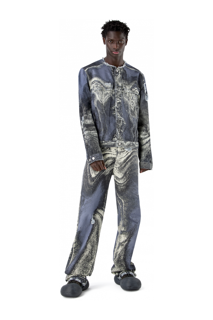 DISTORTED PRINT DISTRESSED DENIM JACKET BLUE-CREAM