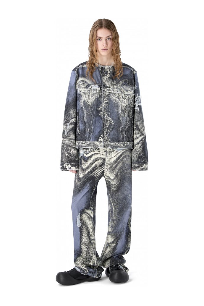 DISTORTED PRINT DISTRESSED DENIM JACKET BLUE-CREAM