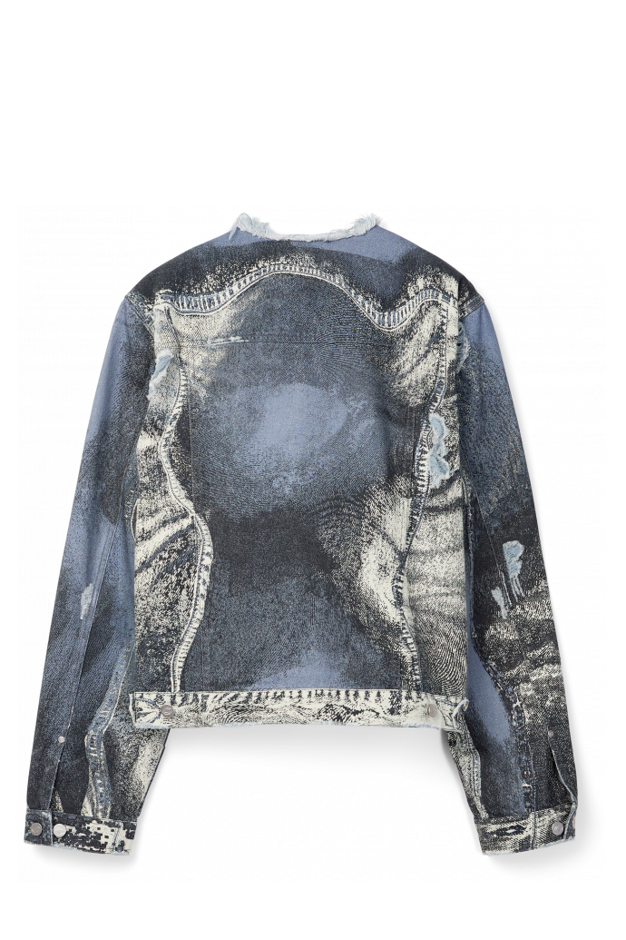 Back view of DISTORTED PRINT DISTRESSED DENIM JACKET BLUE-CREAM