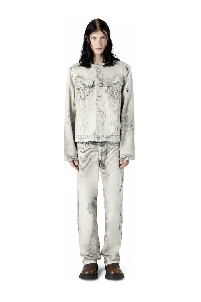 DISTORTED PRINT DISTRESSED DENIM JACKET DISTORTED PRINT DISTRESSED DENIM JACKET <br/>LIGHT GREY-OFF WHITE