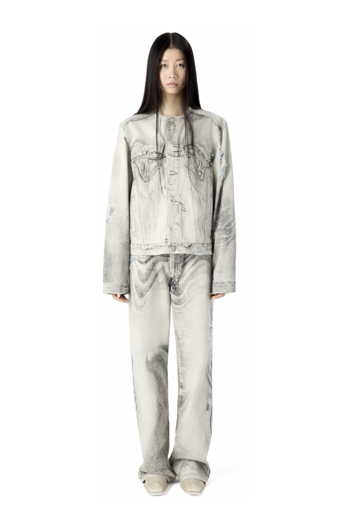DISTORTED PRINT DISTRESSED DENIM JACKET GRIS CLARO-BLANCO ROTO