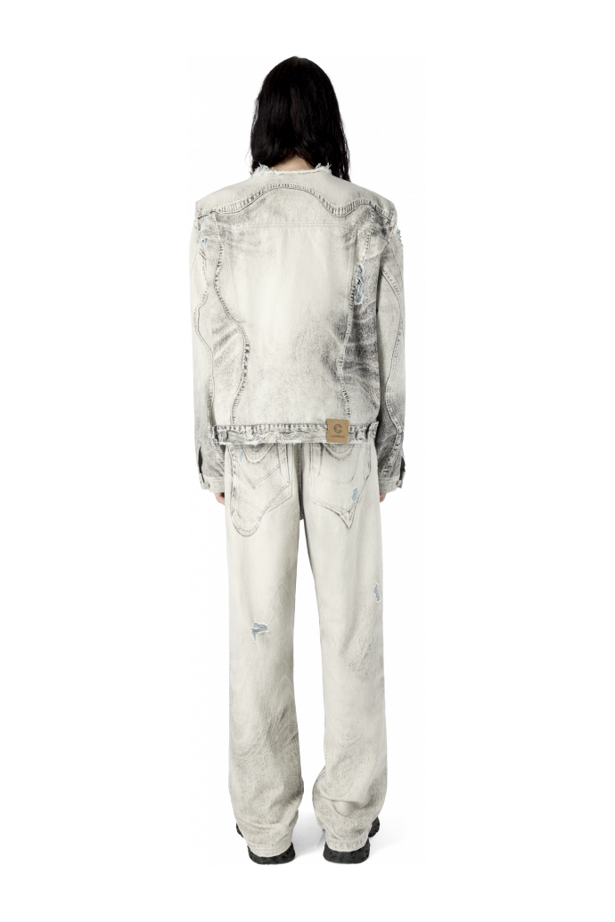 DISTORTED PRINT DISTRESSED DENIM JACKET DISTORTED PRINT DISTRESSED DENIM JACKET <br/>LIGHT GREY-OFF WHITE