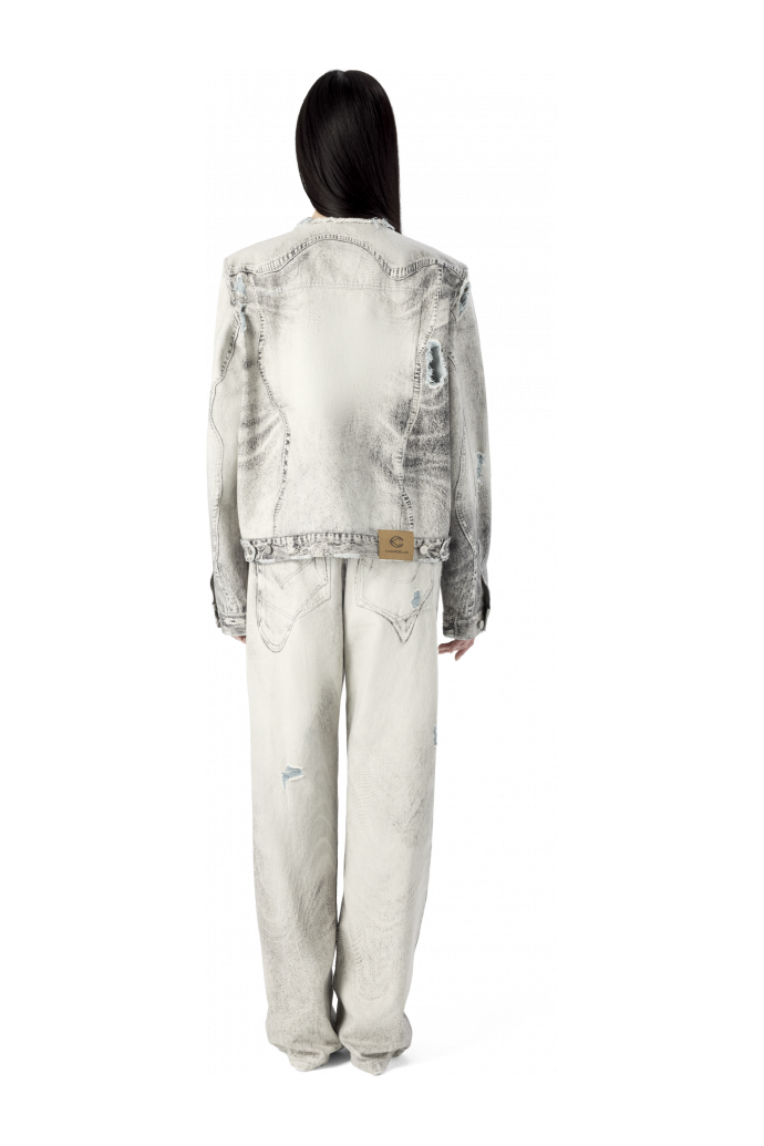 DISTORTED PRINT DISTRESSED DENIM JACKET GRIS CLARO-BLANCO ROTO