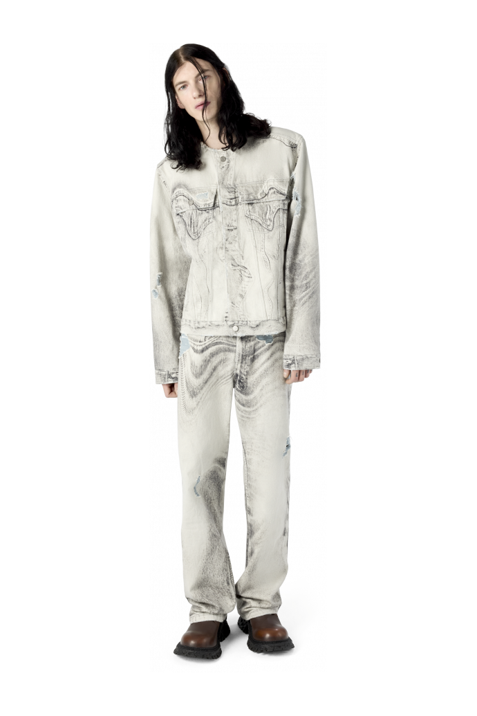DISTORTED PRINT DISTRESSED DENIM JACKET DISTORTED PRINT DISTRESSED DENIM JACKET <br/>LIGHT GREY-OFF WHITE