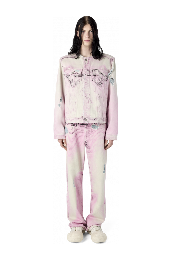 DISTORTED PRINT DISTRESSED DENIM JACKET DISTORTED PRINT DISTRESSED DENIM JACKET <br/>PINK-OFF WHITE