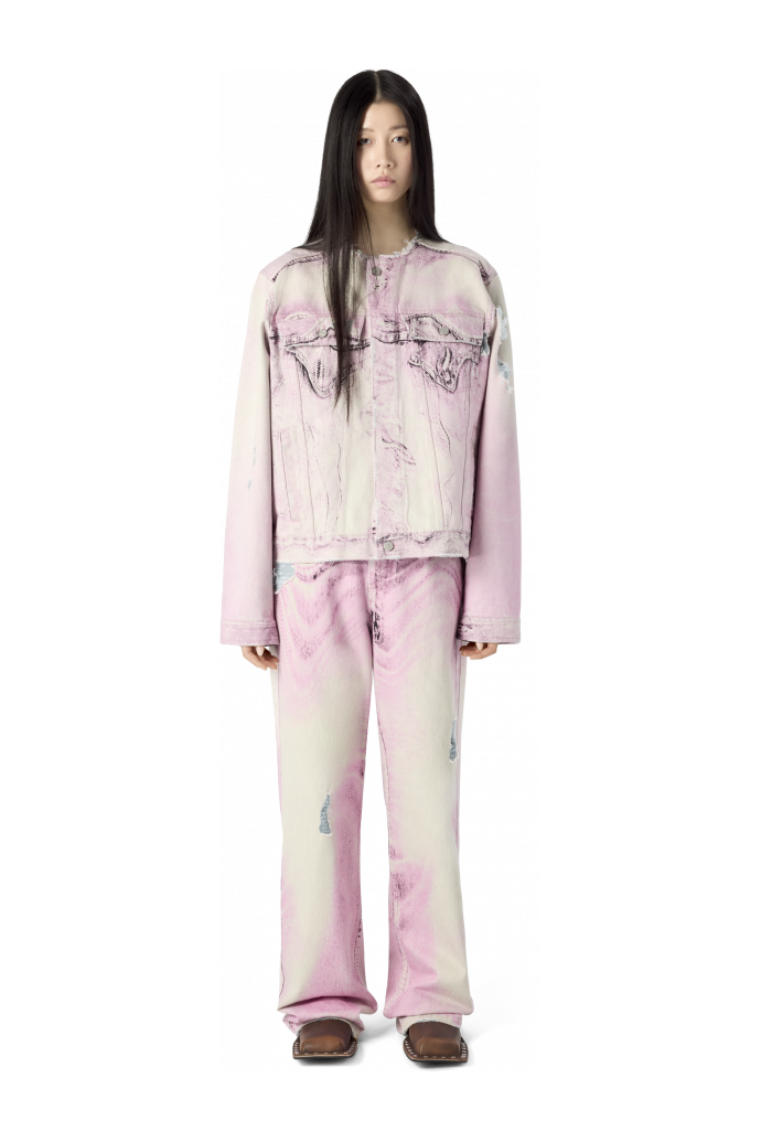 DISTORTED PRINT DISTRESSED DENIM JACKET ROSA-BLANCO ROTO