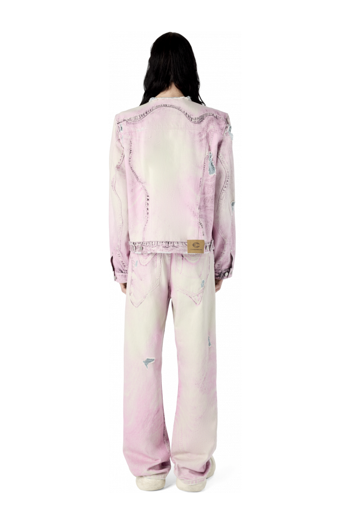 DISTORTED PRINT DISTRESSED DENIM JACKET DISTORTED PRINT DISTRESSED DENIM JACKET <br/>PINK-OFF WHITE