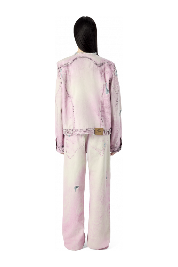 DISTORTED PRINT DISTRESSED DENIM JACKET ROSA-BLANCO ROTO