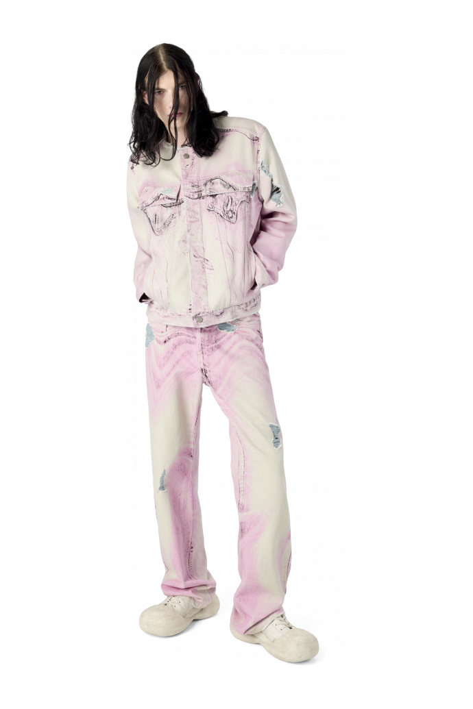 DISTORTED PRINT DISTRESSED DENIM JACKET DISTORTED PRINT DISTRESSED DENIM JACKET <br/>PINK-OFF WHITE