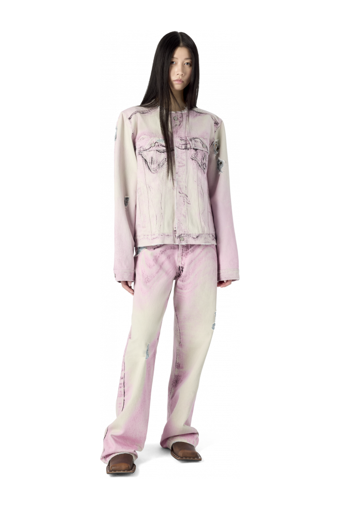DISTORTED PRINT DISTRESSED DENIM JACKET ROSA-BLANCO ROTO