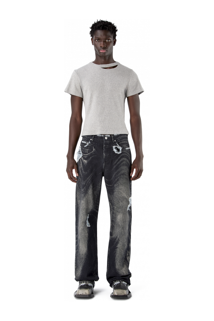 DISTORTED PRINT DISTRESSED DENIM JEANS NERO-GRIGIO
