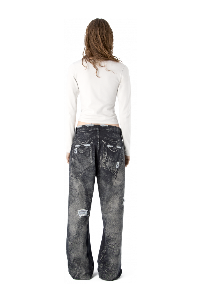 DISTORTED PRINT DISTRESSED DENIM JEANS BLACK-Gray