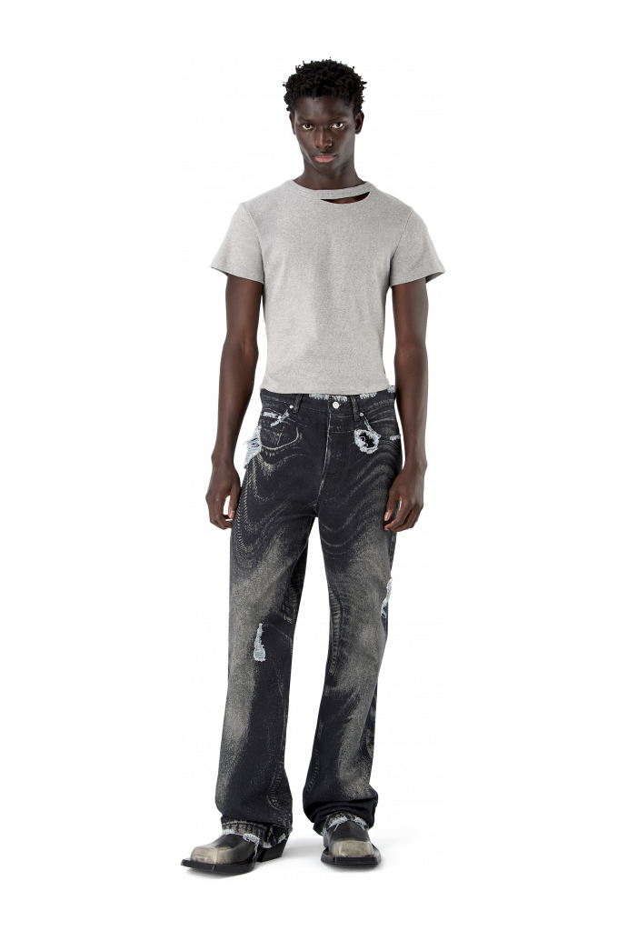 DISTORTED PRINT DISTRESSED DENIM JEANS NERO-GRIGIO