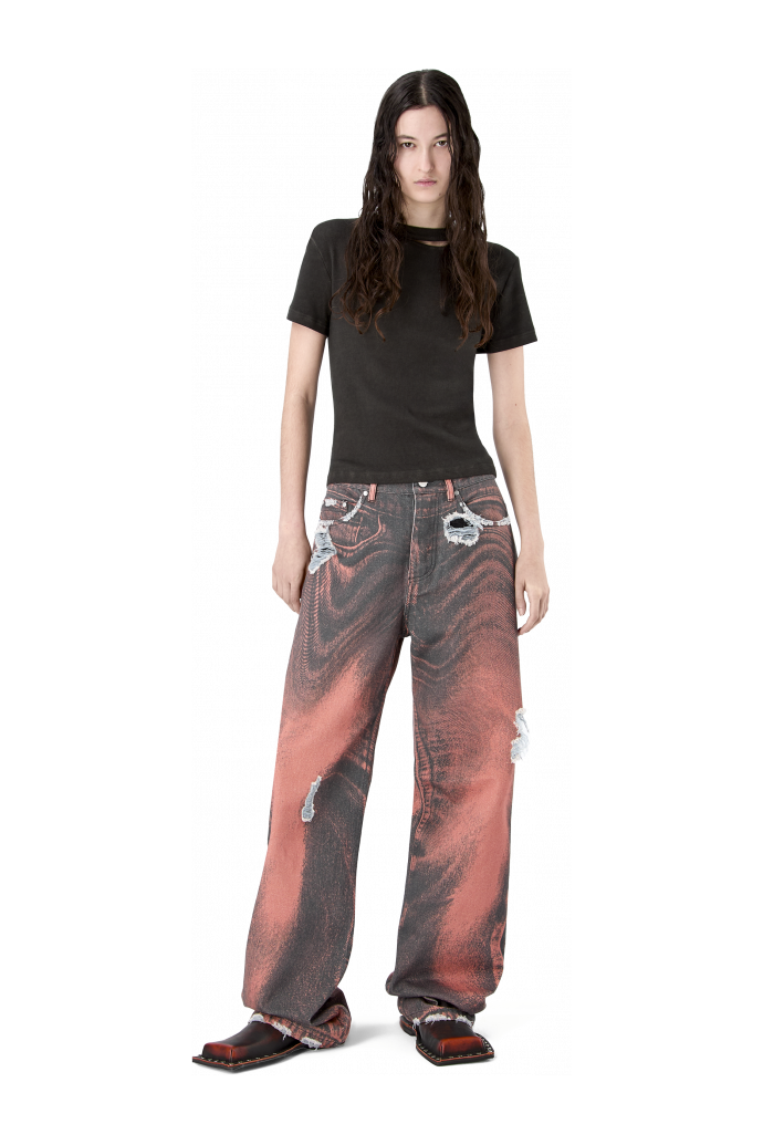 DISTORTED PRINT DISTRESSED DENIM JEANS ORANGE-BLACK