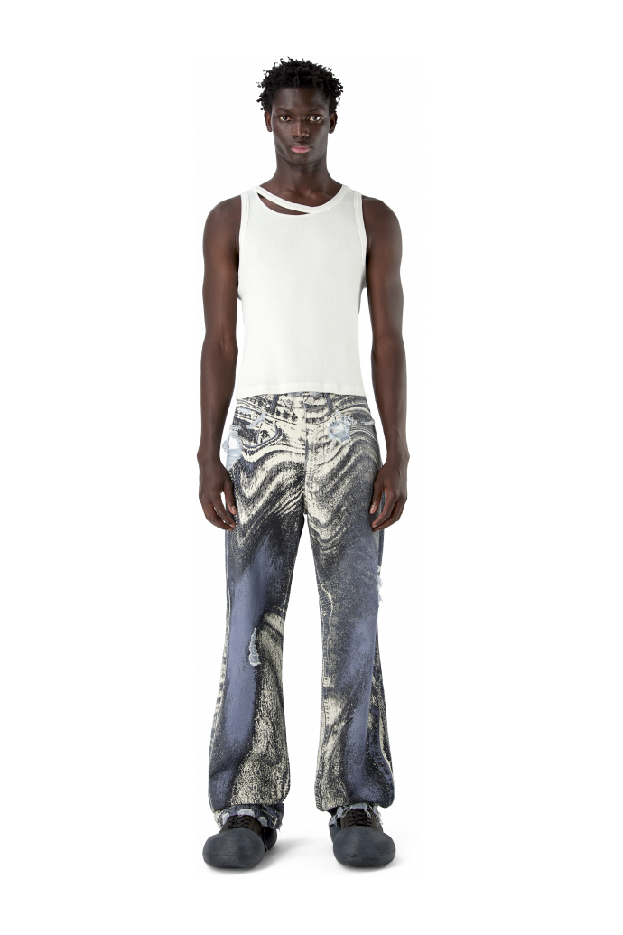 DISTORTED PRINT DISTRESSED DENIM JEANS BLUE-CREAM