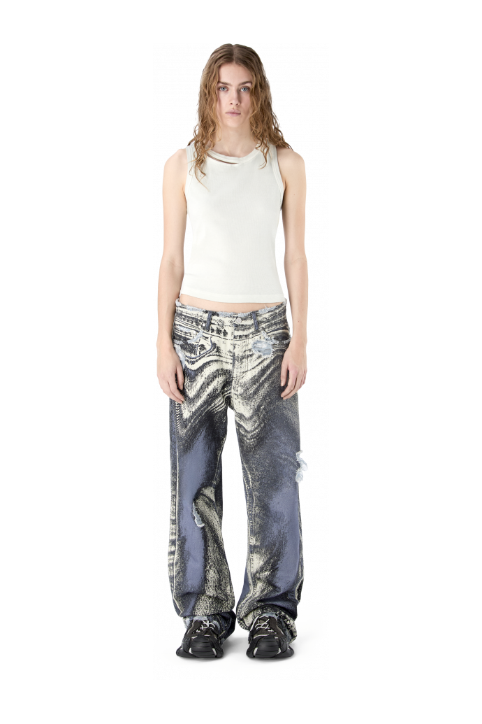 DISTORTED PRINT DISTRESSED DENIM JEANS BLUE-CREAM