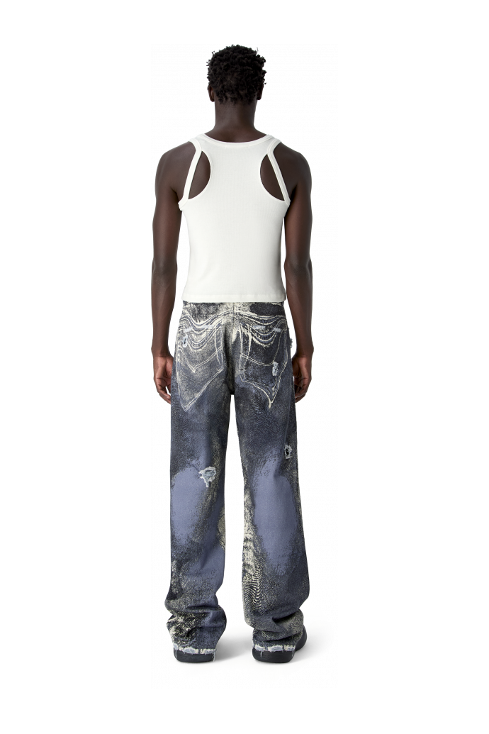 DISTORTED PRINT DISTRESSED DENIM JEANS BLUE-CREAM