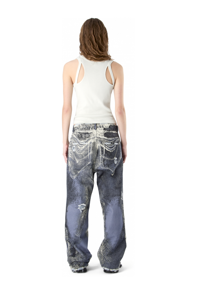DISTORTED PRINT DISTRESSED DENIM JEANS BLUE-CREAM