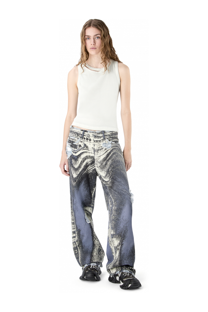 DISTORTED PRINT DISTRESSED DENIM JEANS BLUE-CREAM