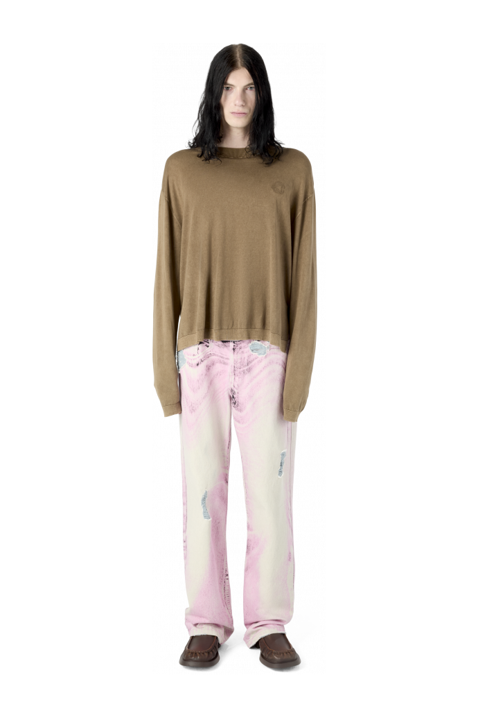 DISTORTED PRINT DISTRESSED DENIM JEANS JEANS IN DENIM EFFETTO VISSUTO CON STAMPA DISTORTA<br/>ROSA-BIANCO SPORCO