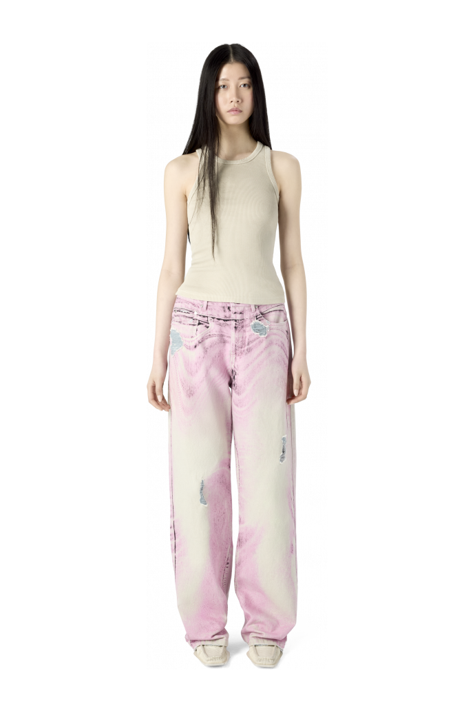 DISTORTED PRINT DISTRESSED DENIM JEANS ROSA-BLANCO ROTO