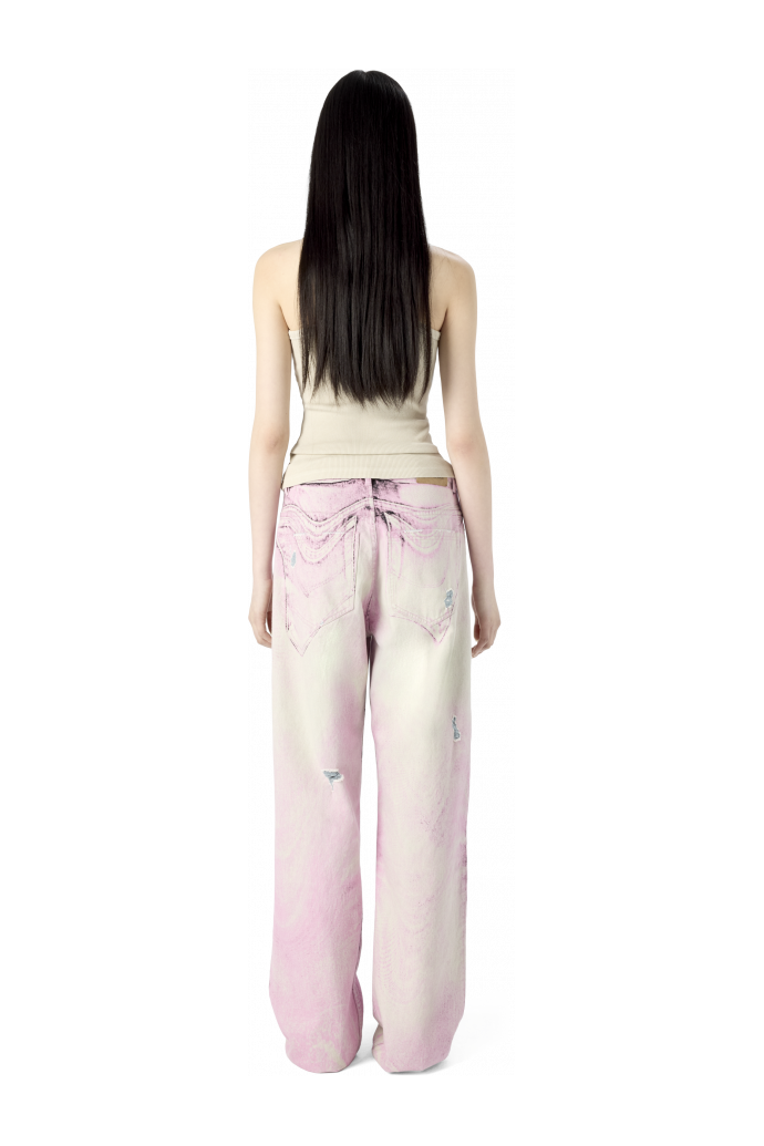 DISTORTED PRINT DISTRESSED DENIM JEANS ROSA-BLANCO ROTO